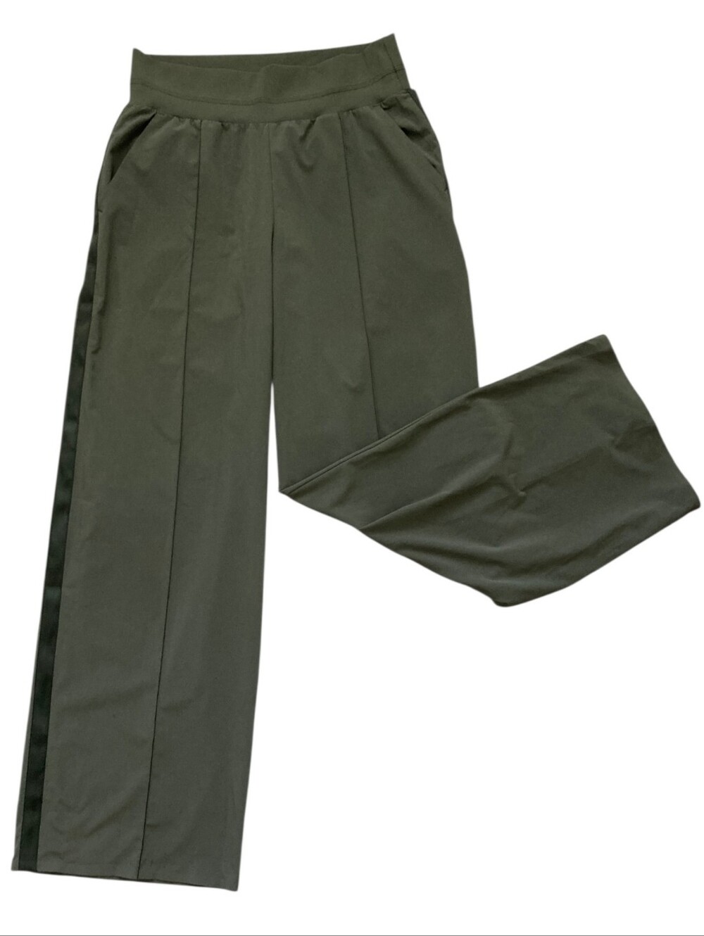 Athleta Nolita Wide Leg Pants 12 Tuxedo Stripe Olive Green Lightweight Trousers - Picture 3 of 12